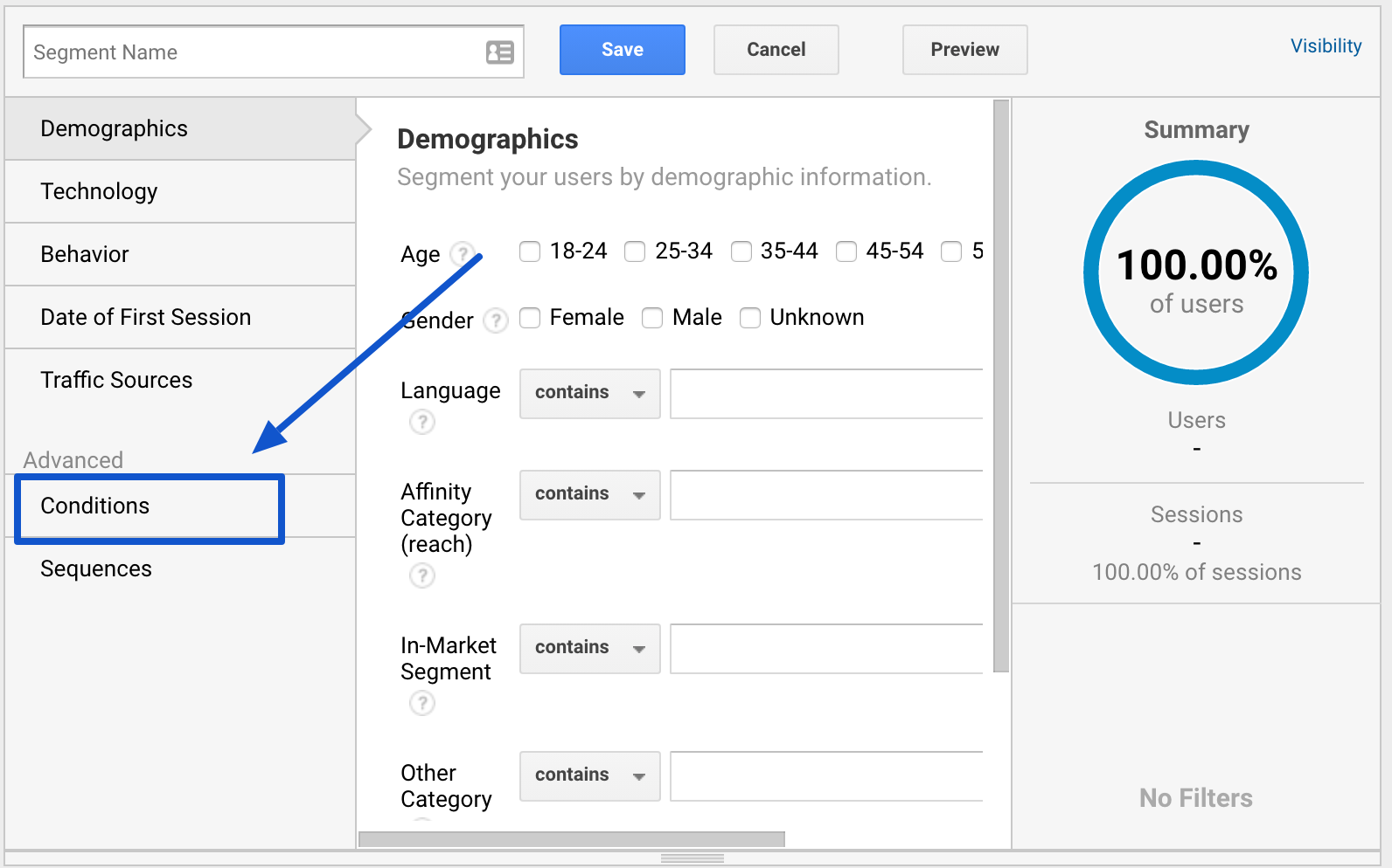 google analytics set up new segment with conditions