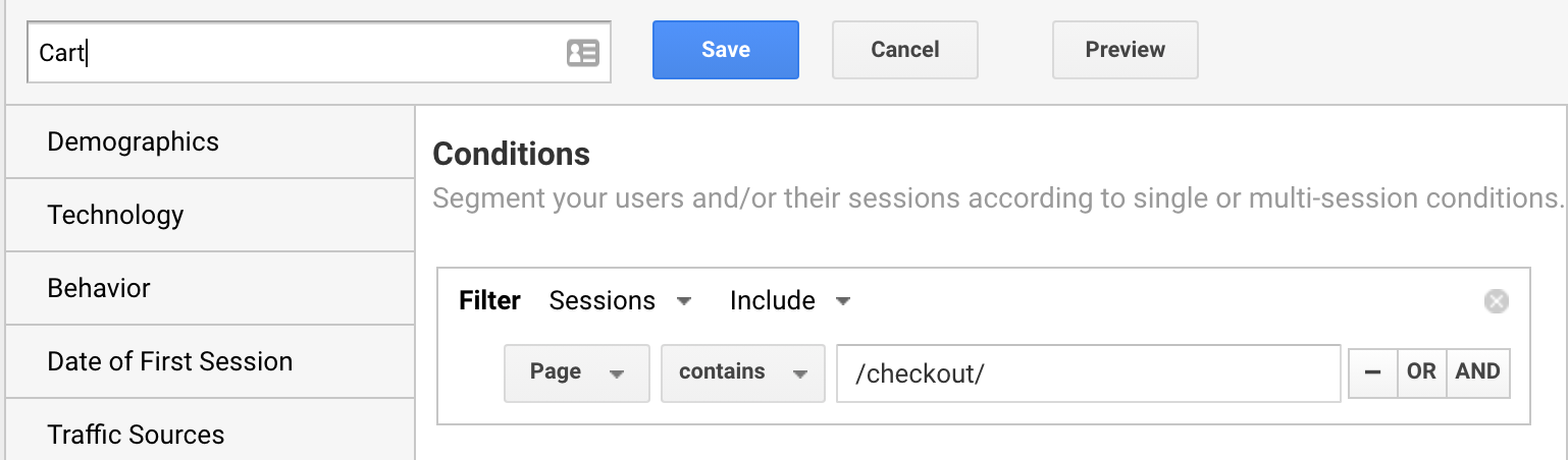 create new segment in google analytics using page url