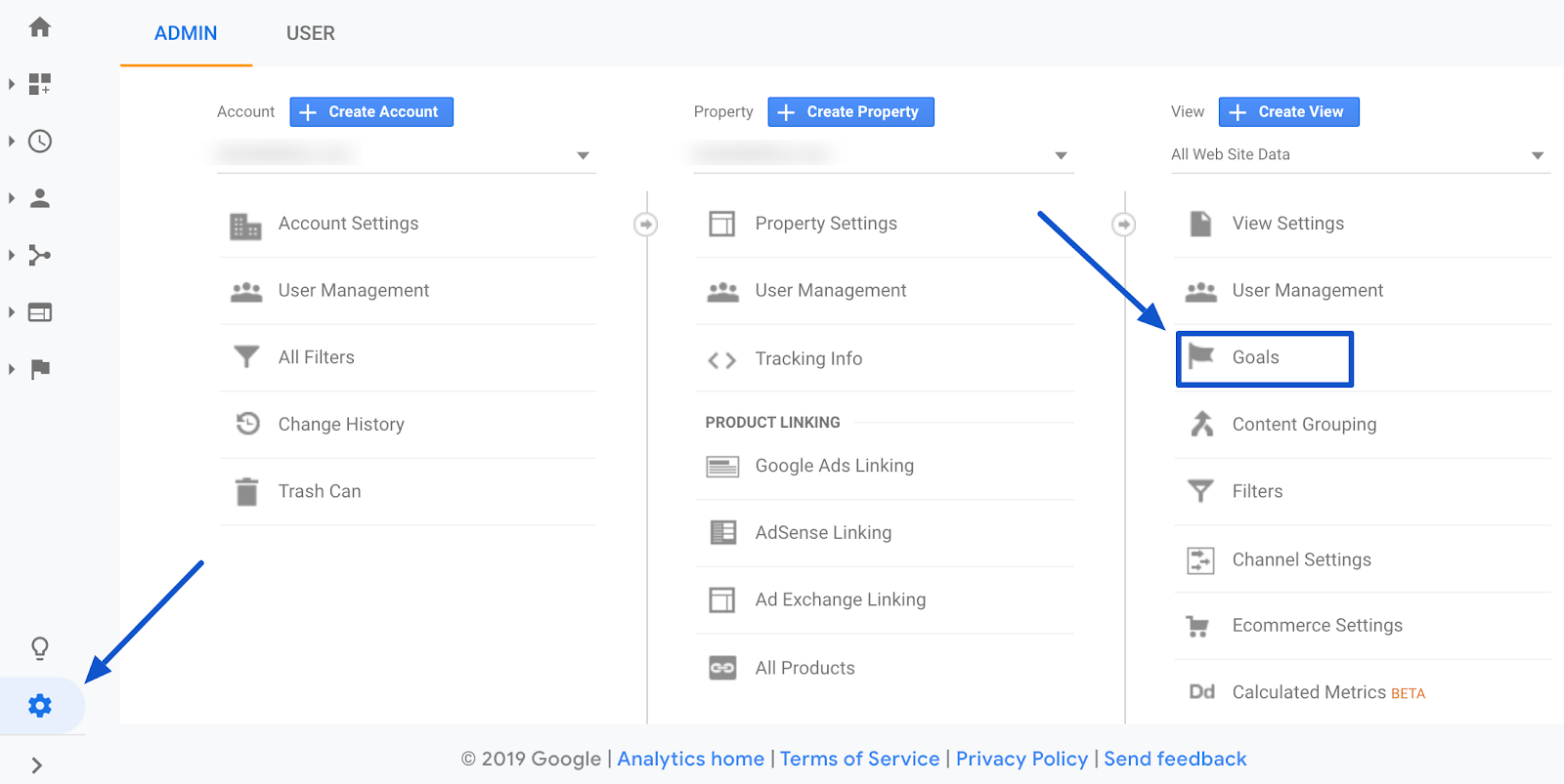 google analytics set up goals under admin