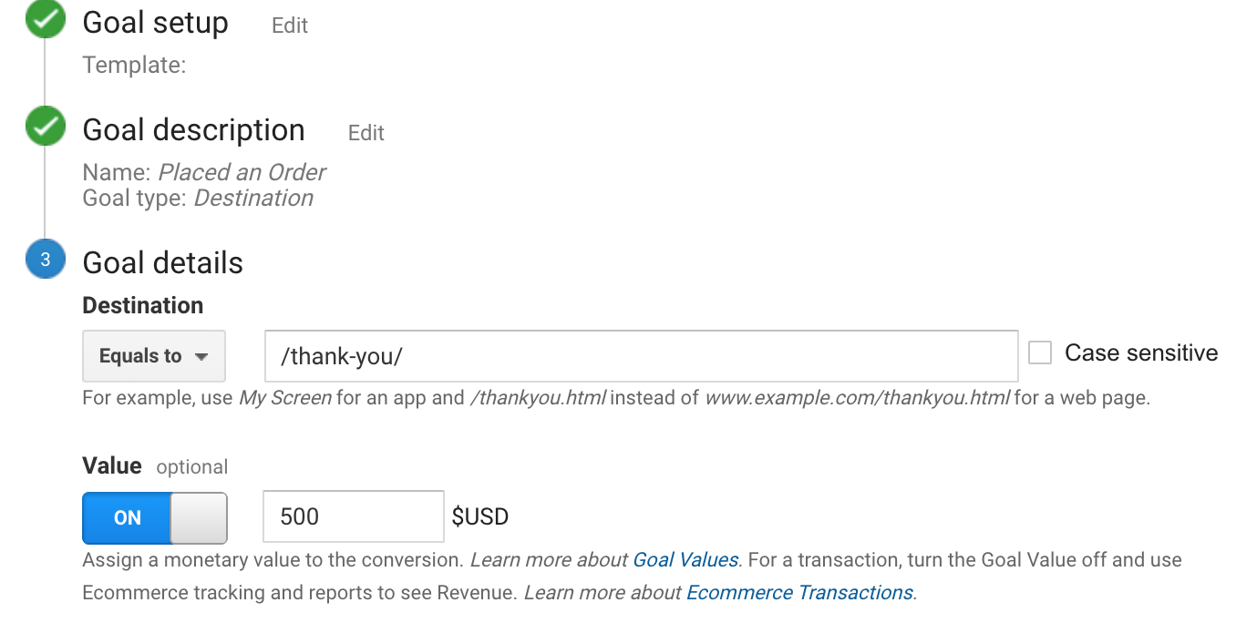 add value to sales goal in google analytics