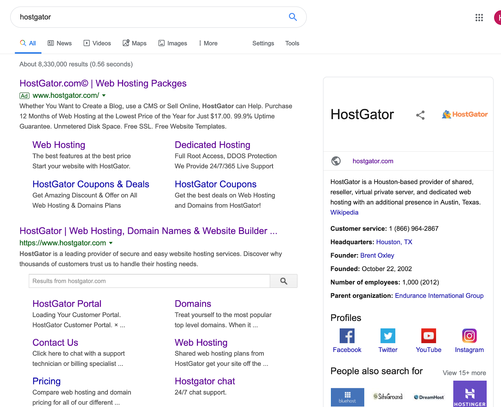 example of company ranking for brand name with knowledge graph result