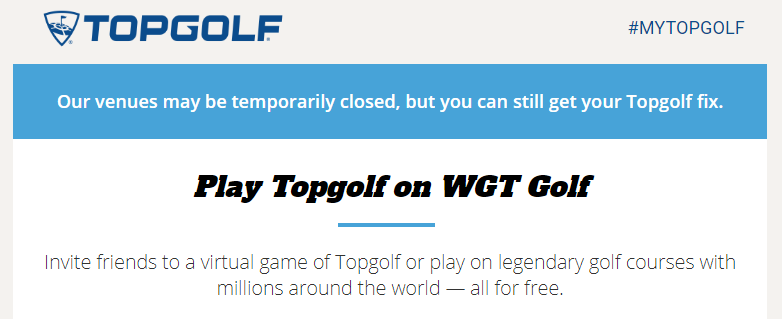 topgolf email announcement for virtual games during social distancing