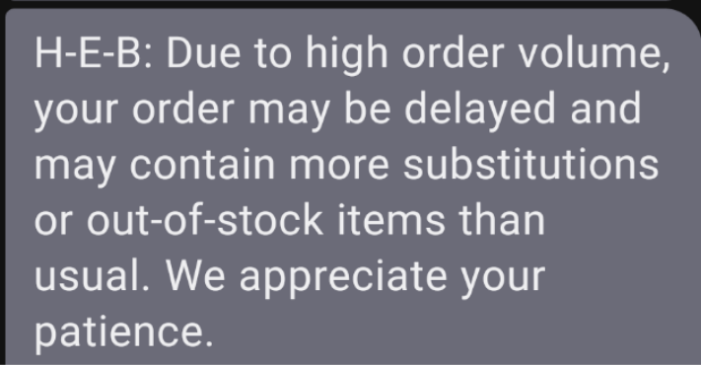 SMS text update from grocery store regarding out of stock items during coronavirus