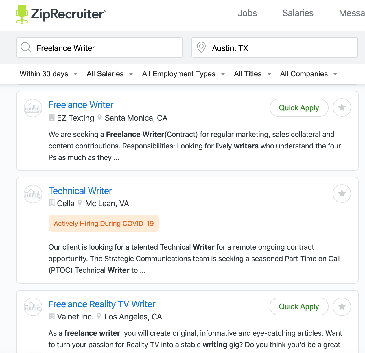 freelance writing job postings on ziprecruiter