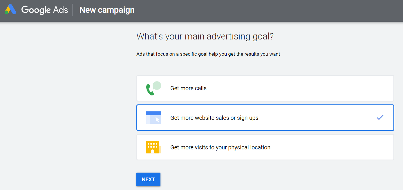 choose advertising goal when setting up new google ad campaign