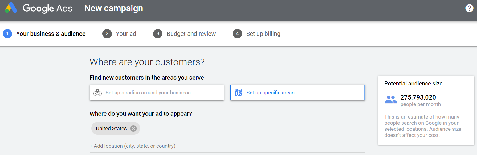 setup audience targeting by location in google ads