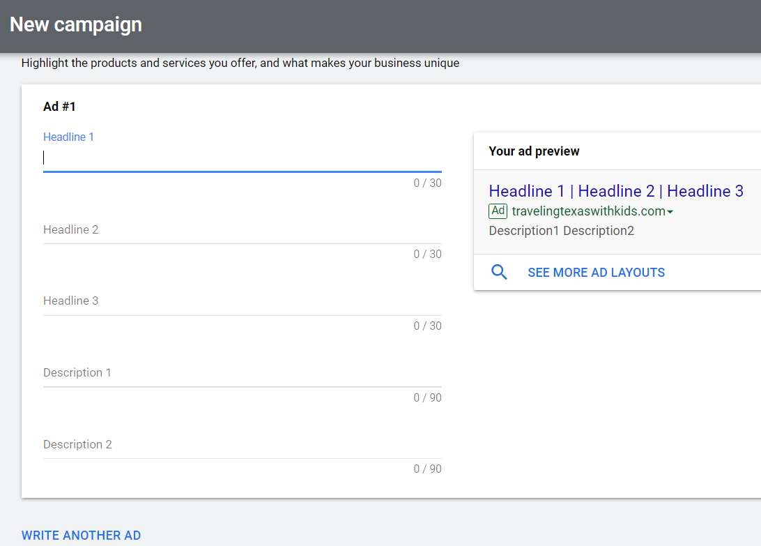 add headlines and descriptions for first google ad