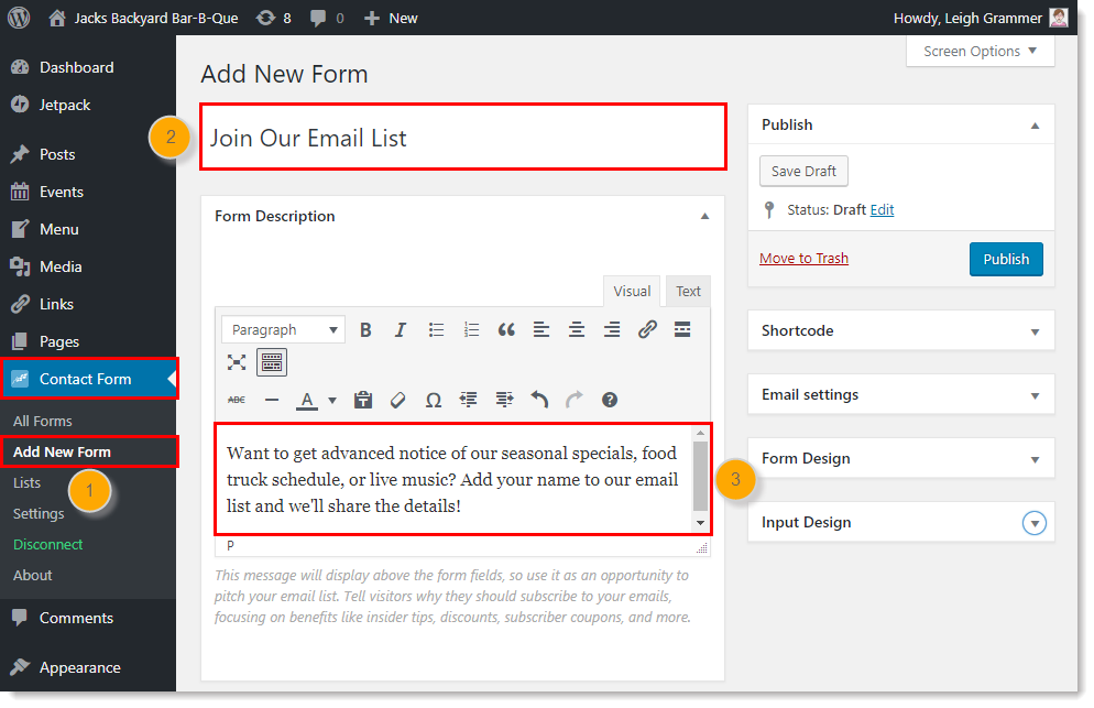 add new email subscriber signup form with constant contact plugin in wordpress