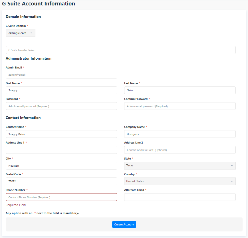 fill in g suite account information