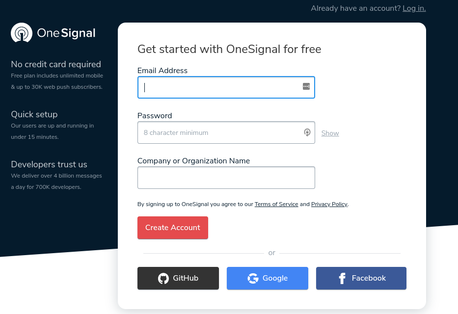 sign up screen for onesignal wordpress plugin