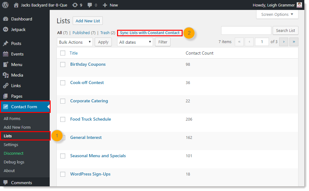 sync email list with constant contact in wordpress
