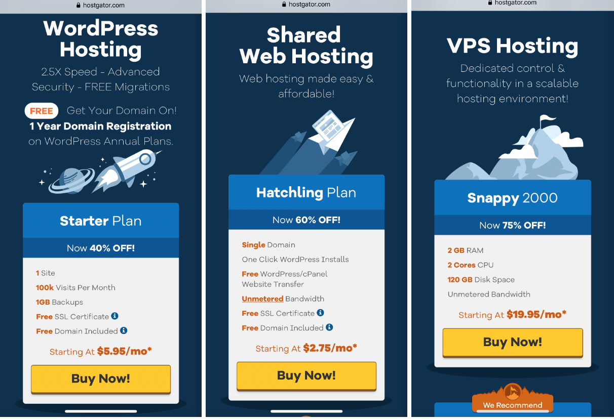 hostgator.com website uses design system with buttons that have the same color and shape