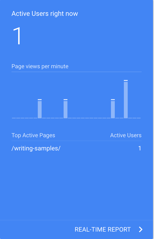 google analytics main dashboard shows number of active users currently on your website