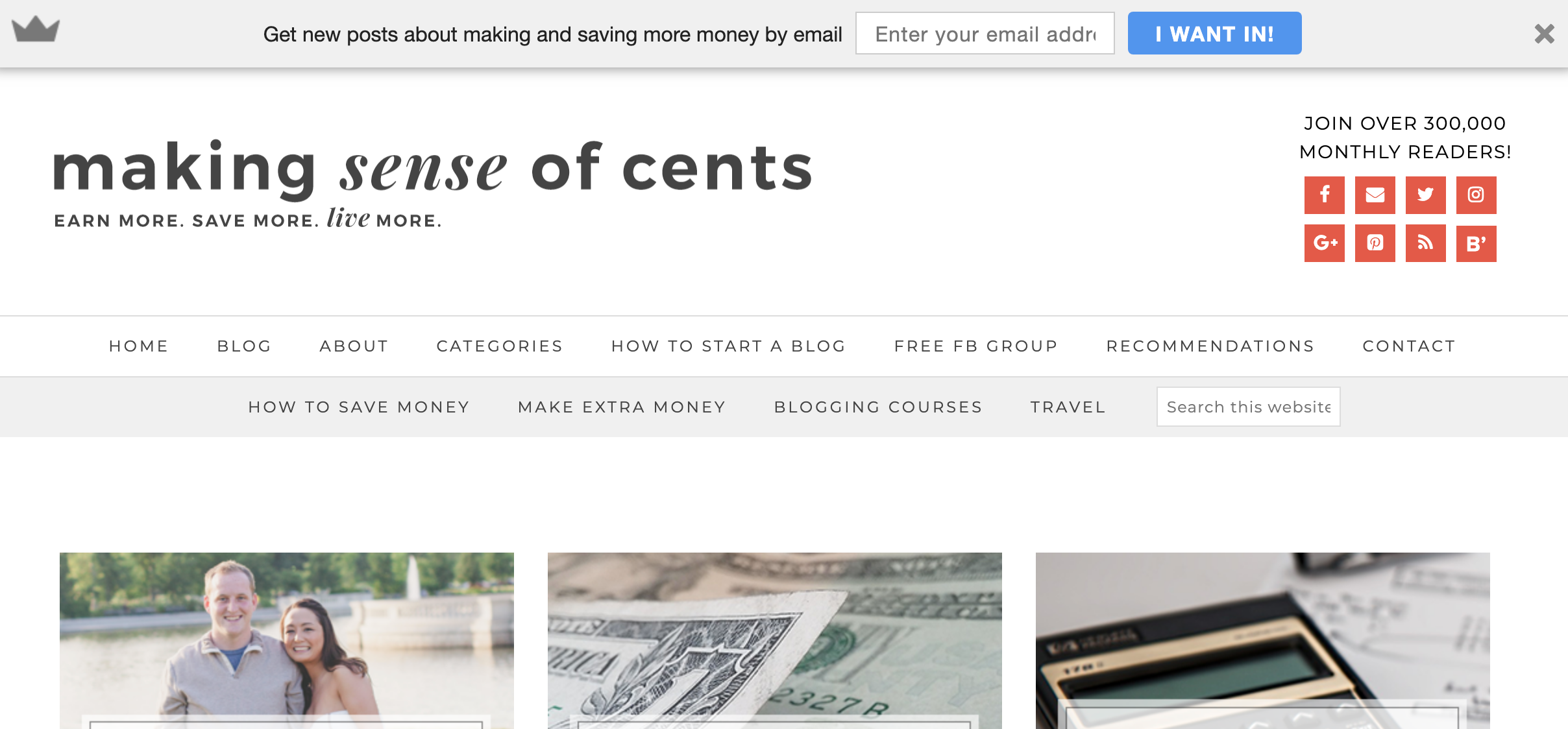 making sense of cents blog with header asking for email address