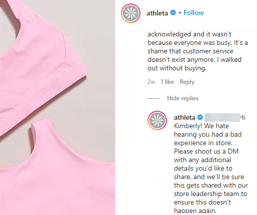 athleta customer service on instagram