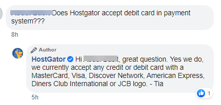 hostgator customer service response on facebook