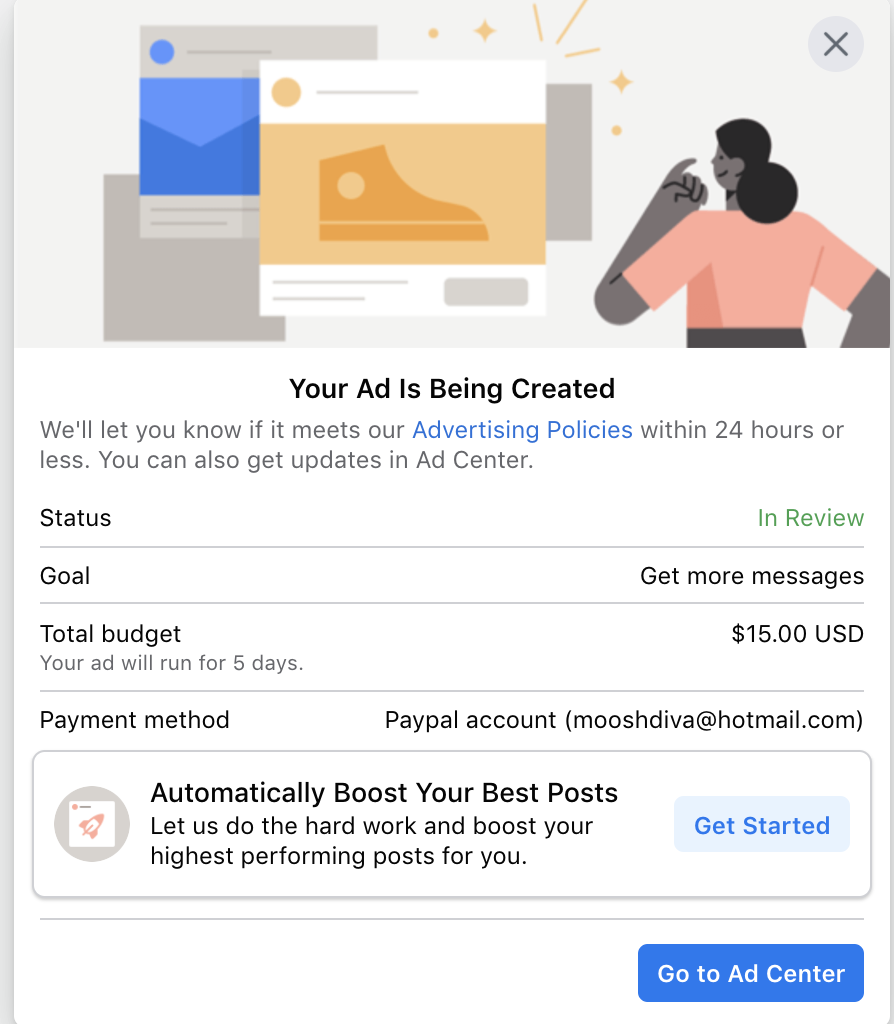 facebook ad center with confirmation screen for boosted post and budget