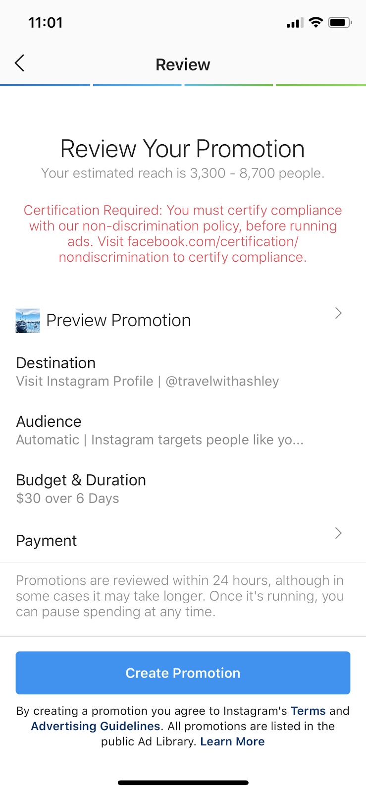 create instagram promoted post confirmation screen