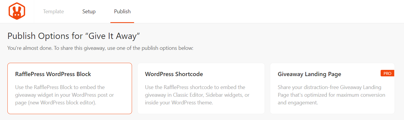 rafflepress publish options for giveaway contest