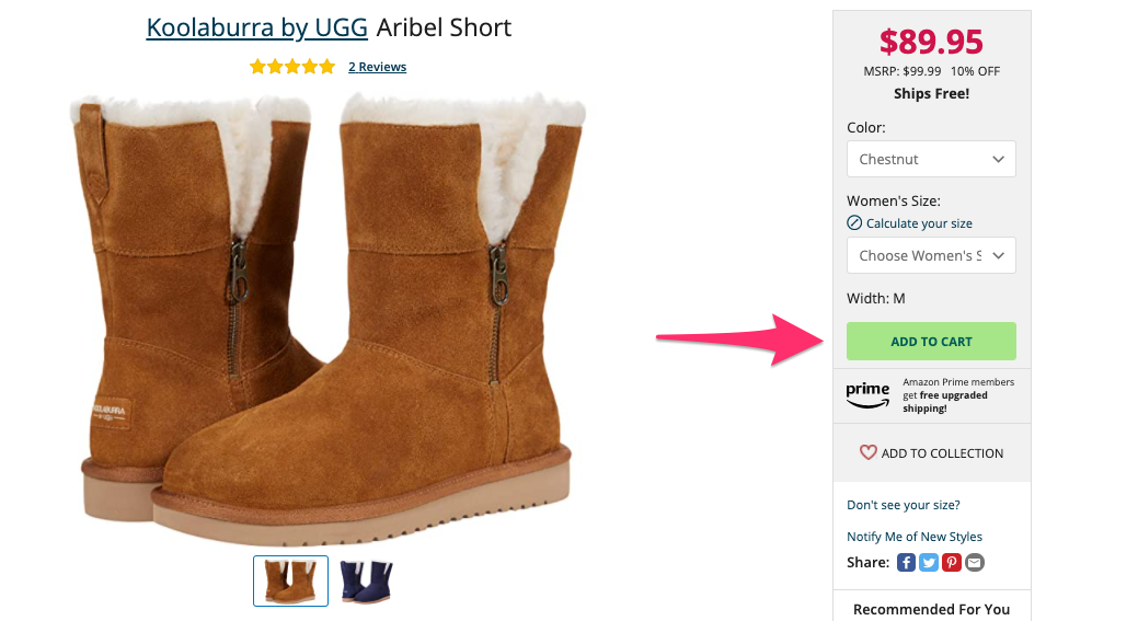 ecommerce product page uses green cta button to stand out