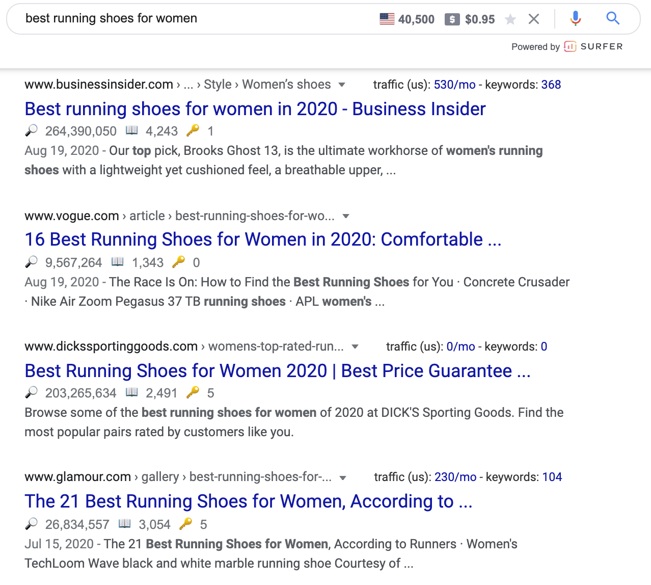 google search result for best running shoes for women shows review articles