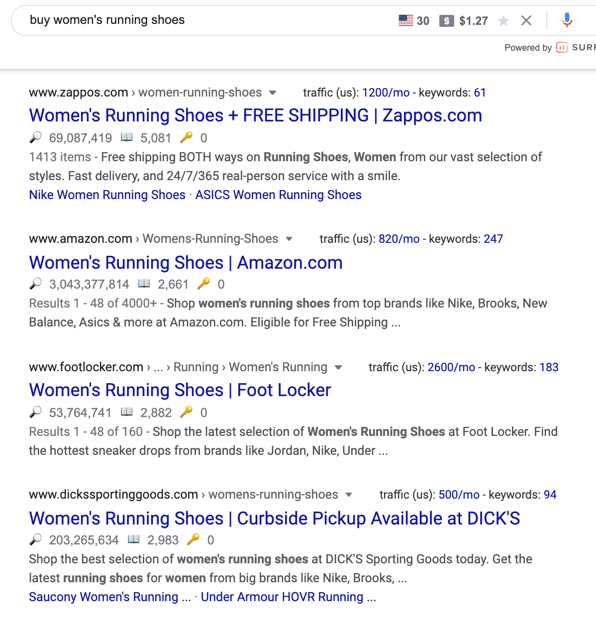 google search results for buy womens running shoes shows website product pages