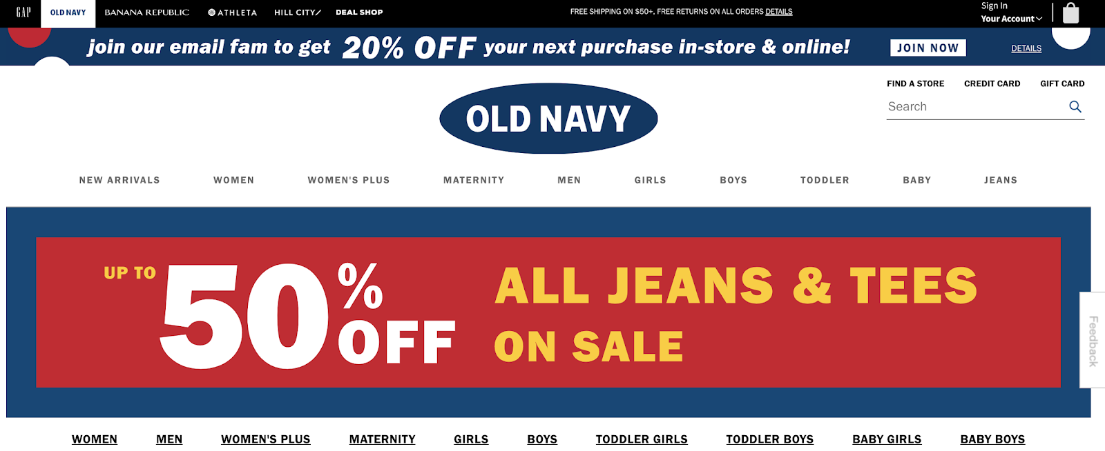 old navy website header uses bold colors to grab visitor attention