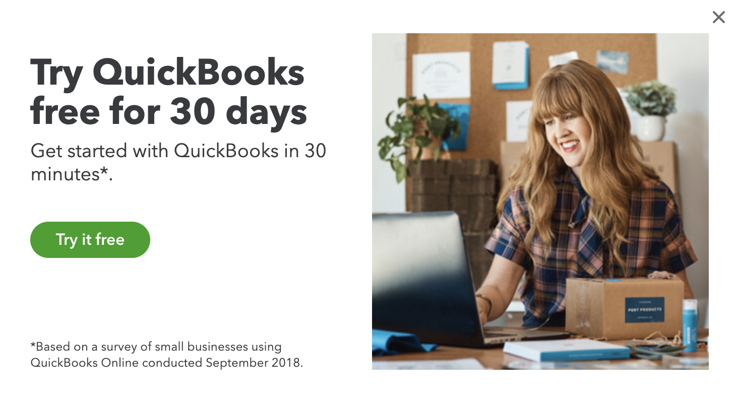 quickbooks website popup with green cta button