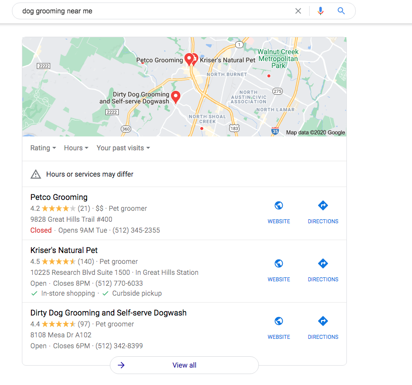 google map three pack with local business results