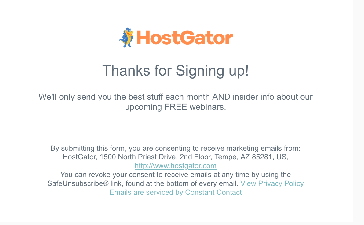 hostgator thank you page for email signups