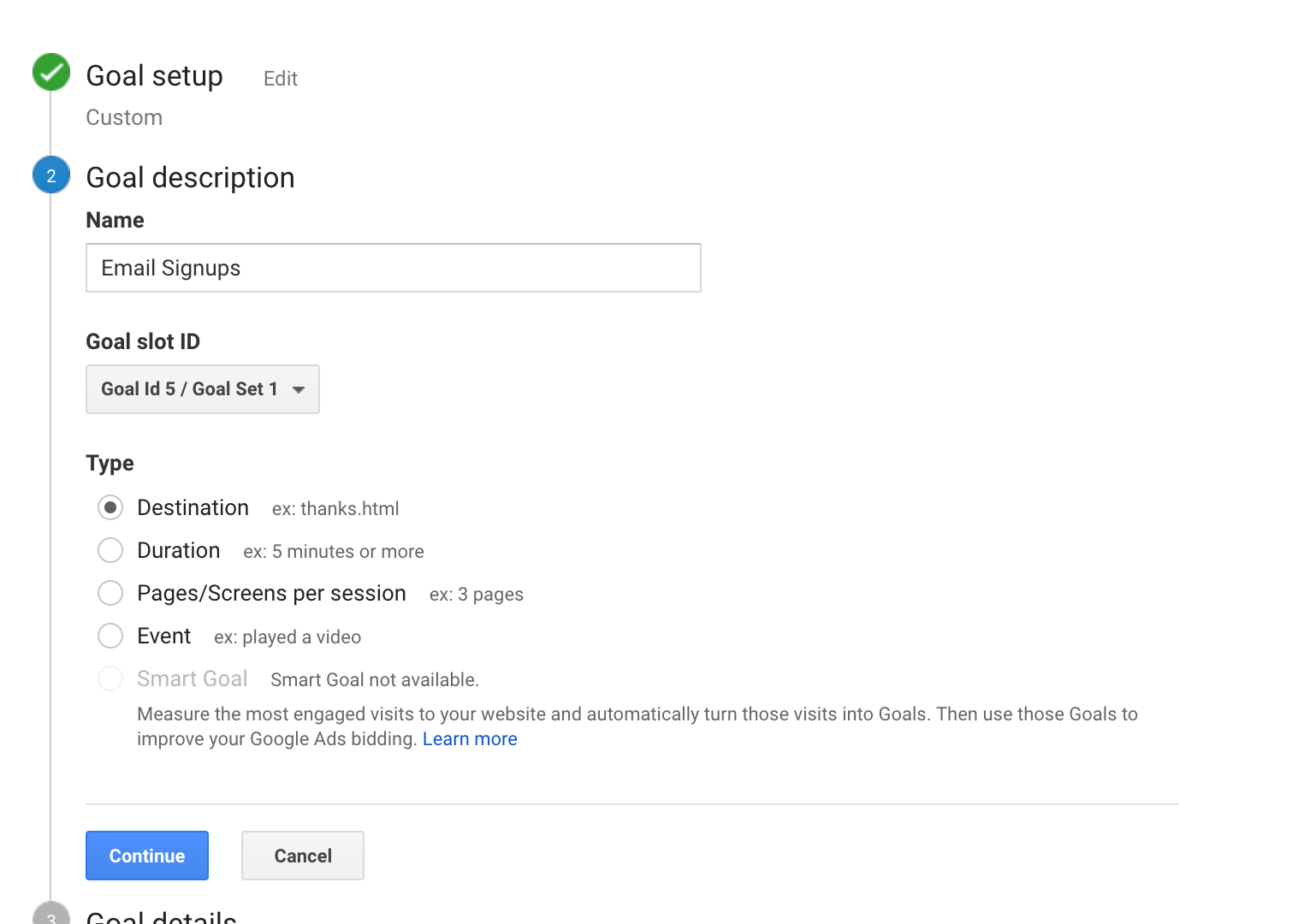 create goal in google analytics for email signups