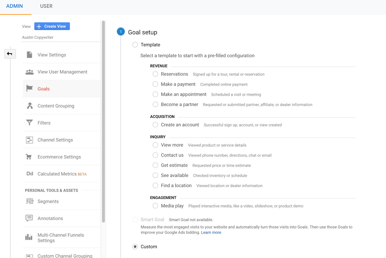 select custom goal setup in google analytics