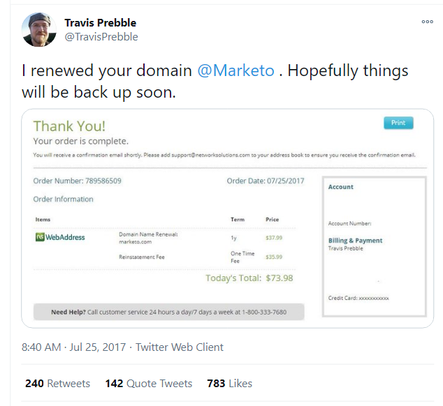 travis pebble tweet about renewing marketo domain