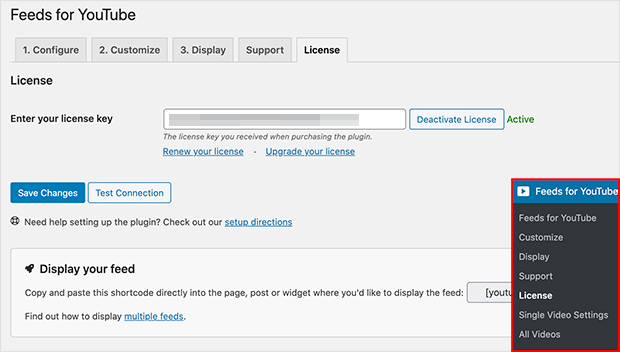 enter license key for feeds for youtube plugin