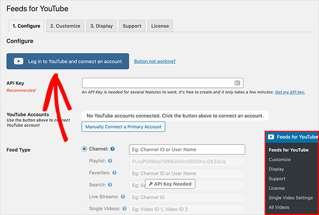 connect youtube account with feeds for youtube plugin