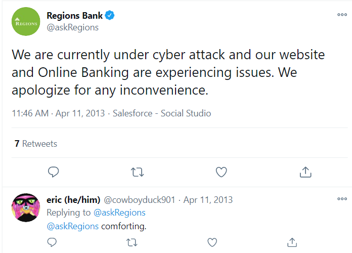 regions bank tweet about cyber attack