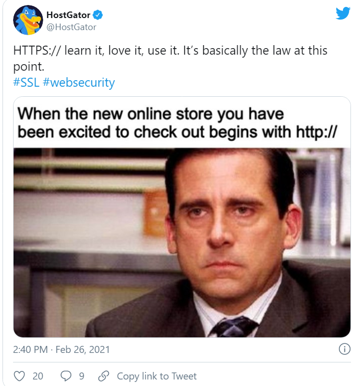 HostGator twitter post with The Office meme about using https