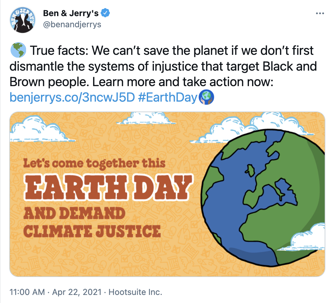 tweet from ben & jerry's advocating for social change