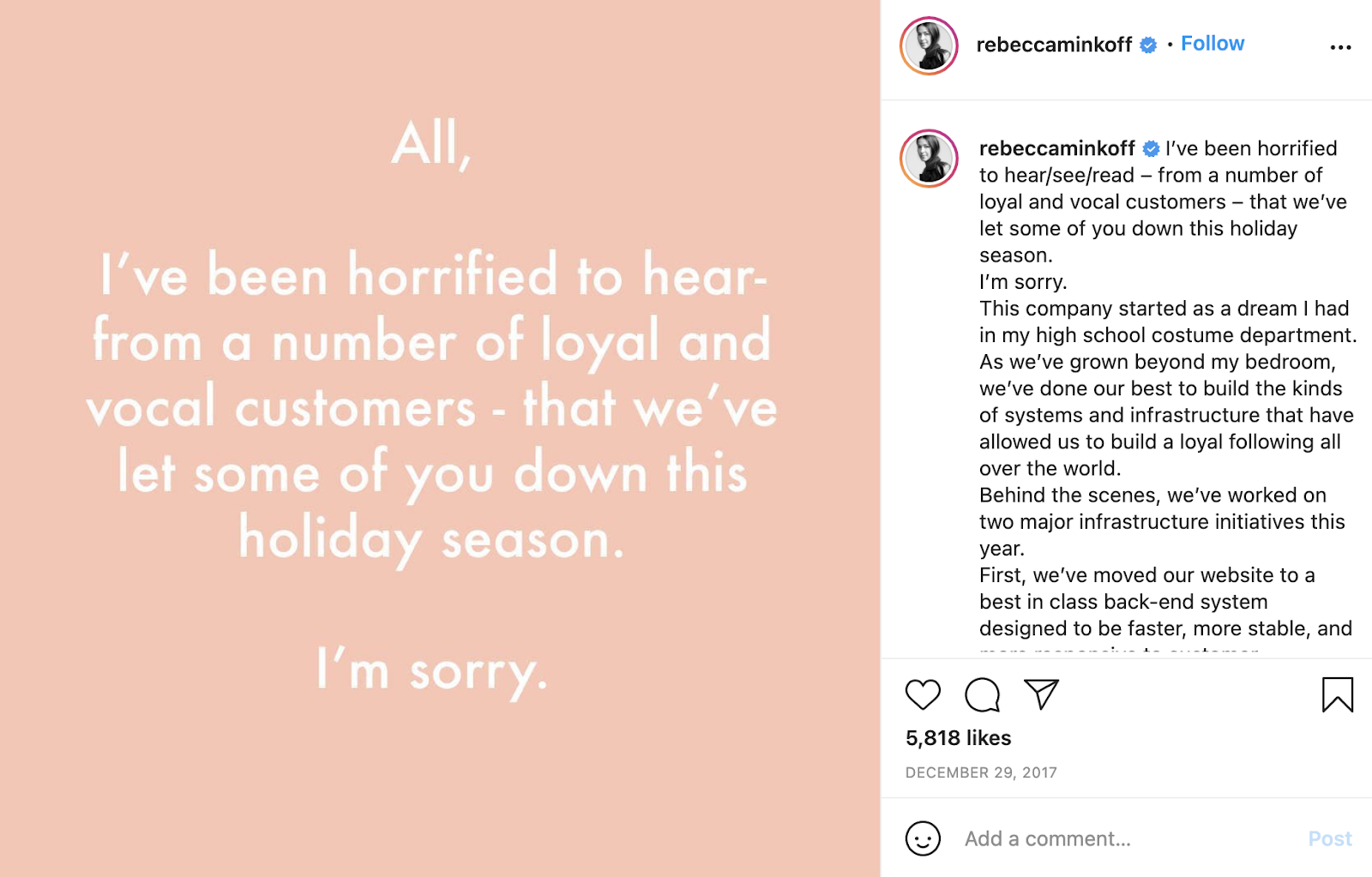 instagram from rebecca minkoff apologizing for shipping delays