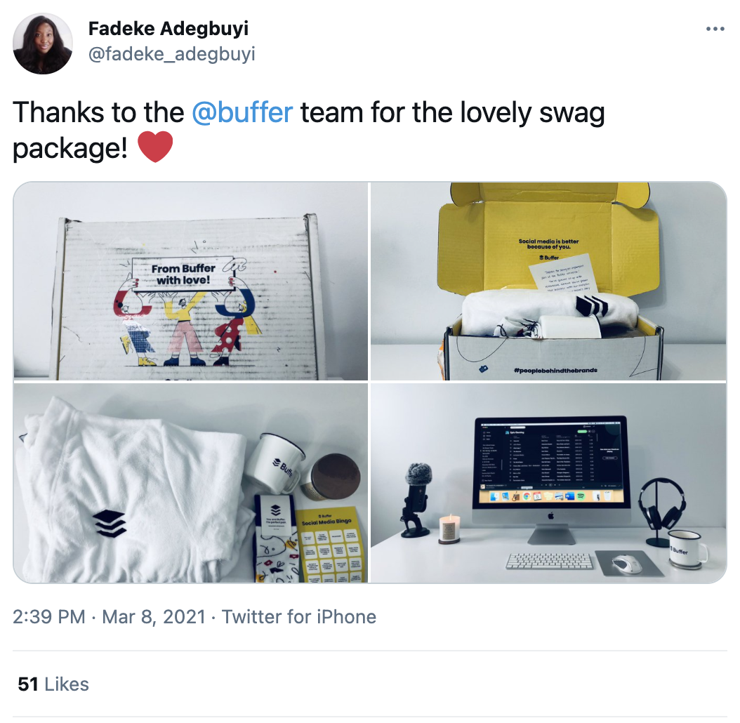 tweet talking about free swag a customer received from buffer