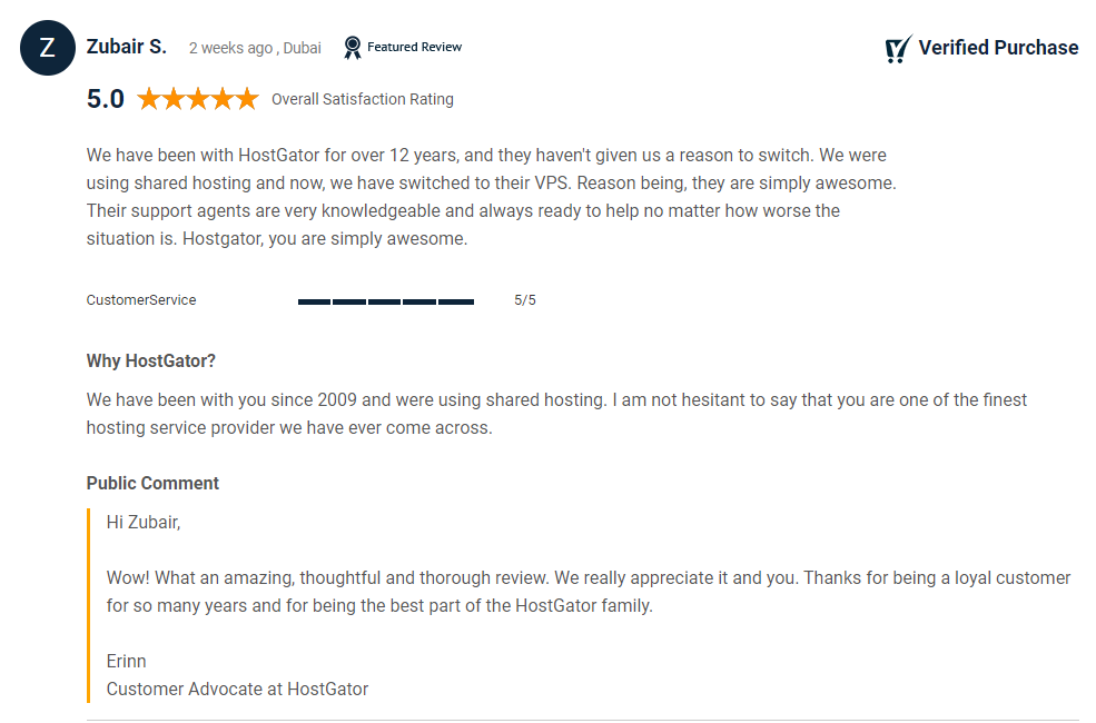 example positive customer review and response from hostgator
