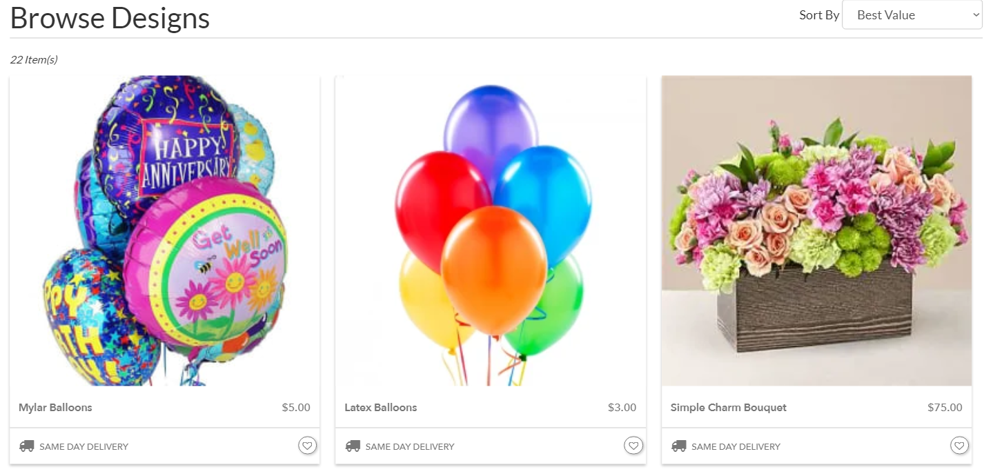 image of a florist website with balloons and flowers