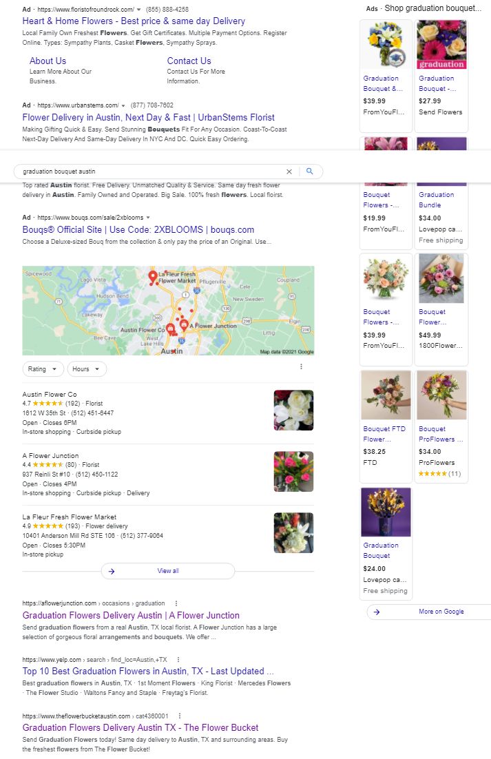 page 1 of google search results for graduation bouquet austin shows lots of ads targeting the awareness stage of a sales funnel