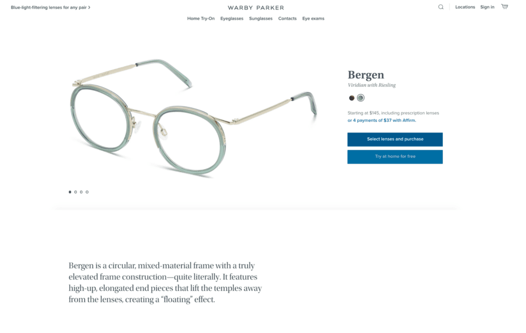 warby parker product page