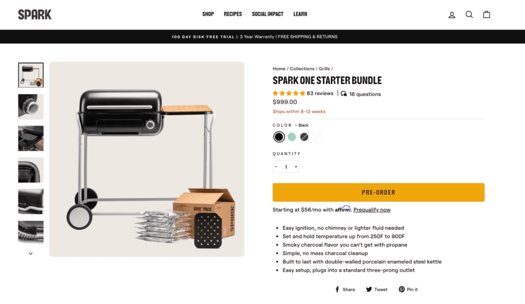 spark grills product page