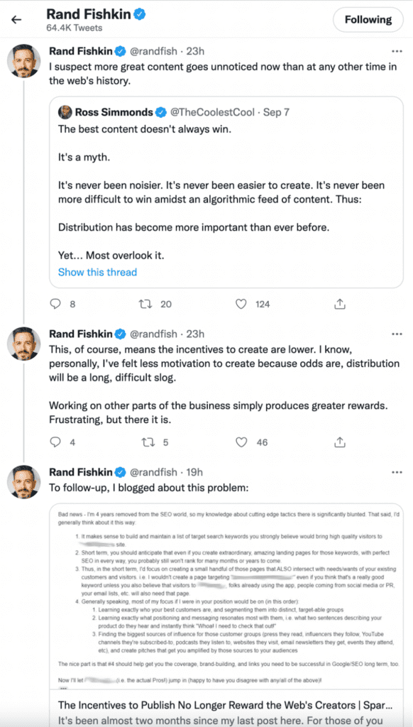 rand fishkin tweet about difficulty ranking organically