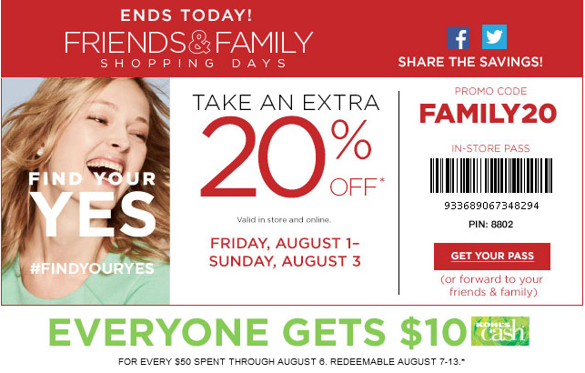 kohls friends and family promo code
